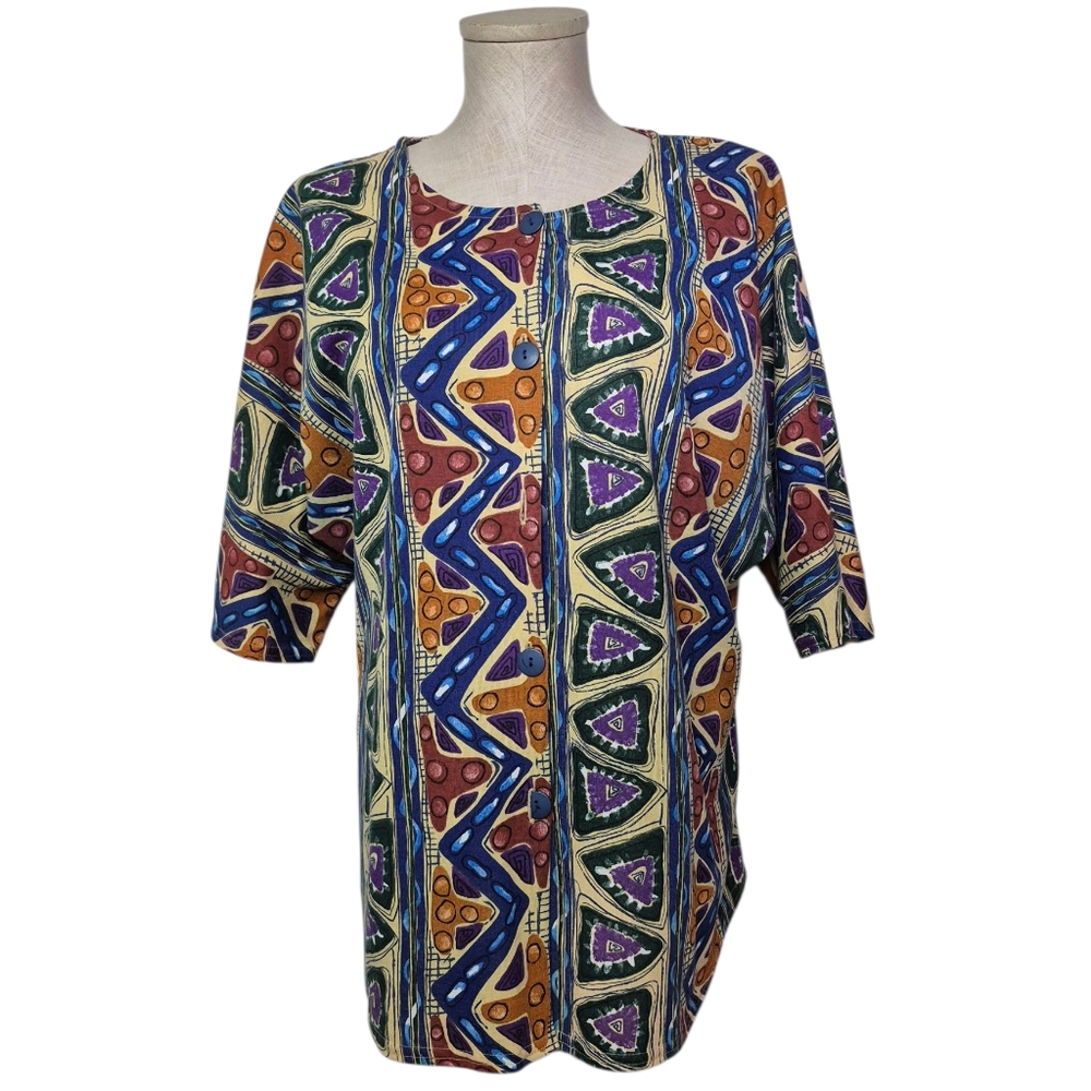 Vintage Box Office Shirt Womens Button Up Bold Tribal Print 3/4 Sleeve